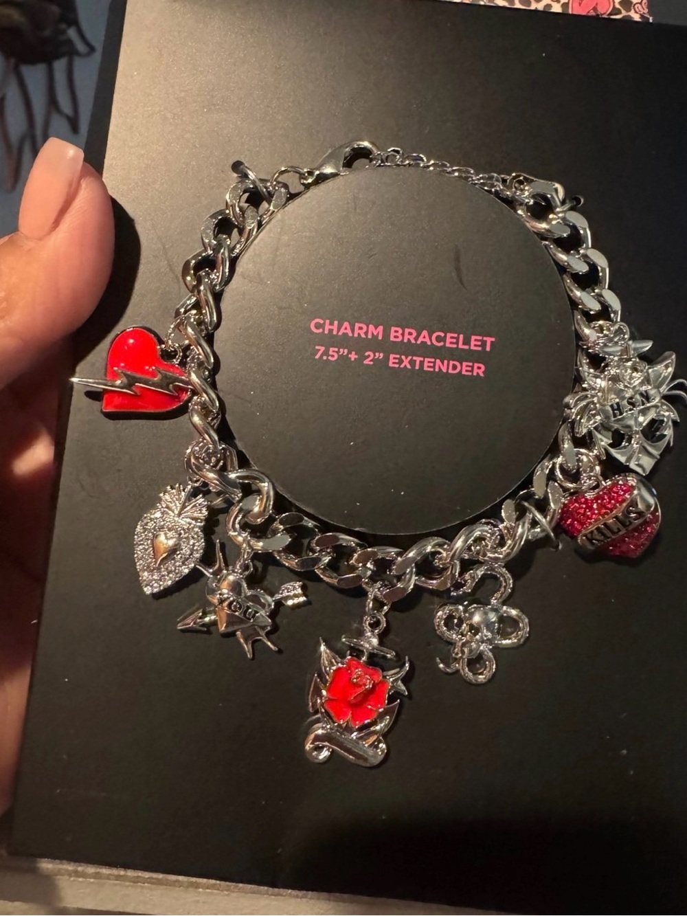 Ed Hardy Silver tone Charm Bracelet with Red enamel Accents bnip - Picture 5 of 10